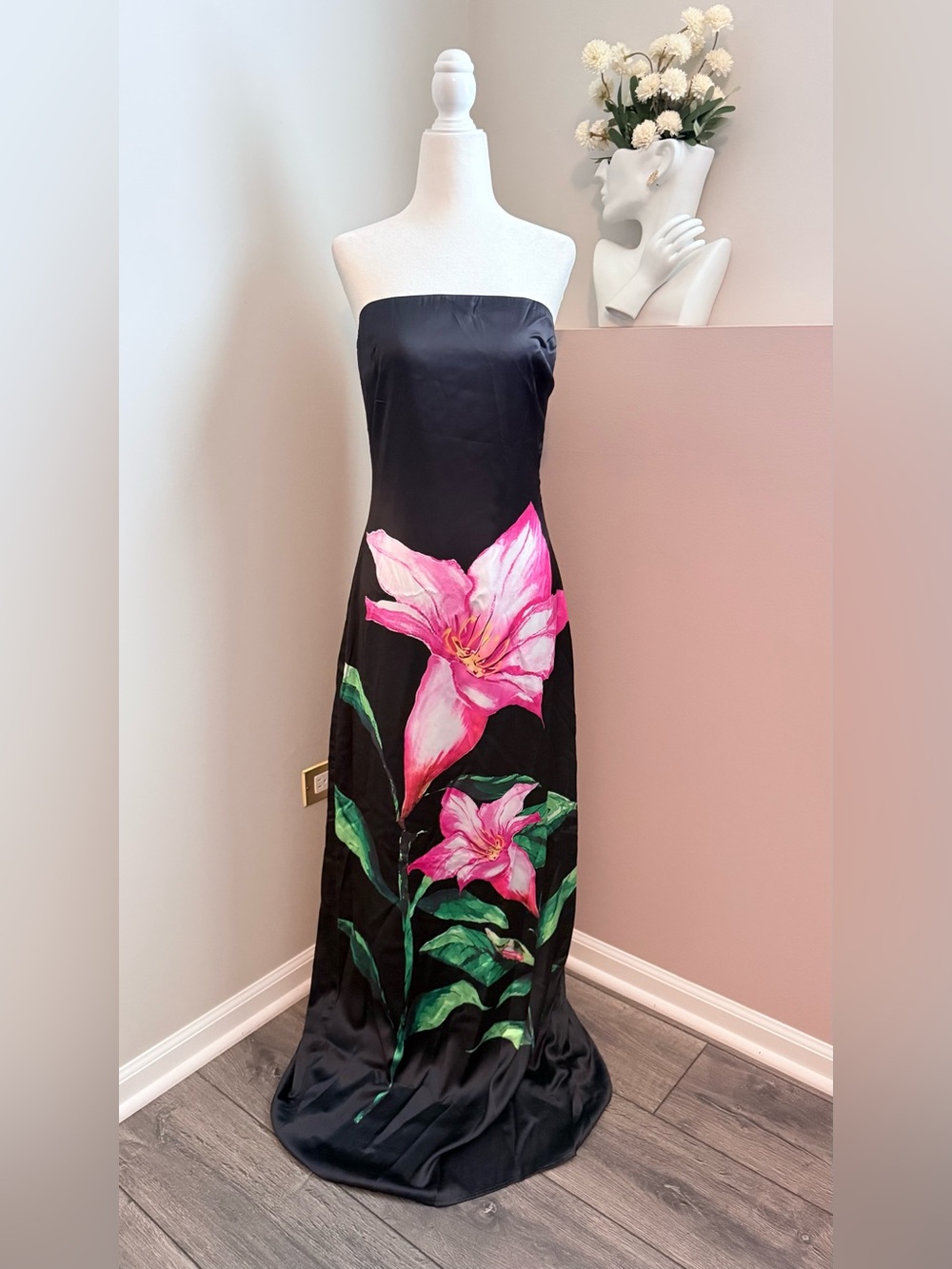 Fashion Nova Luxe Women’s Small Strapless Black Maxi Vacation Dress Pink Floral - Picture 5 of 7